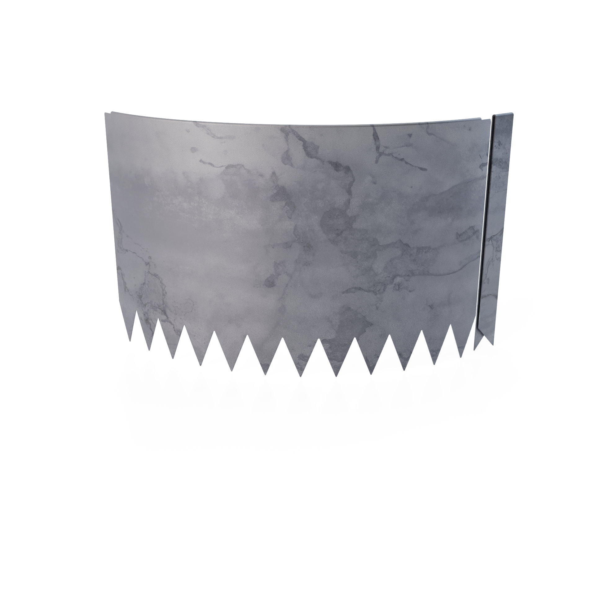 Curved 90 degree radial bend rolled-edge COR-TEN steel edging strip with connector clip. 14 inch total height.