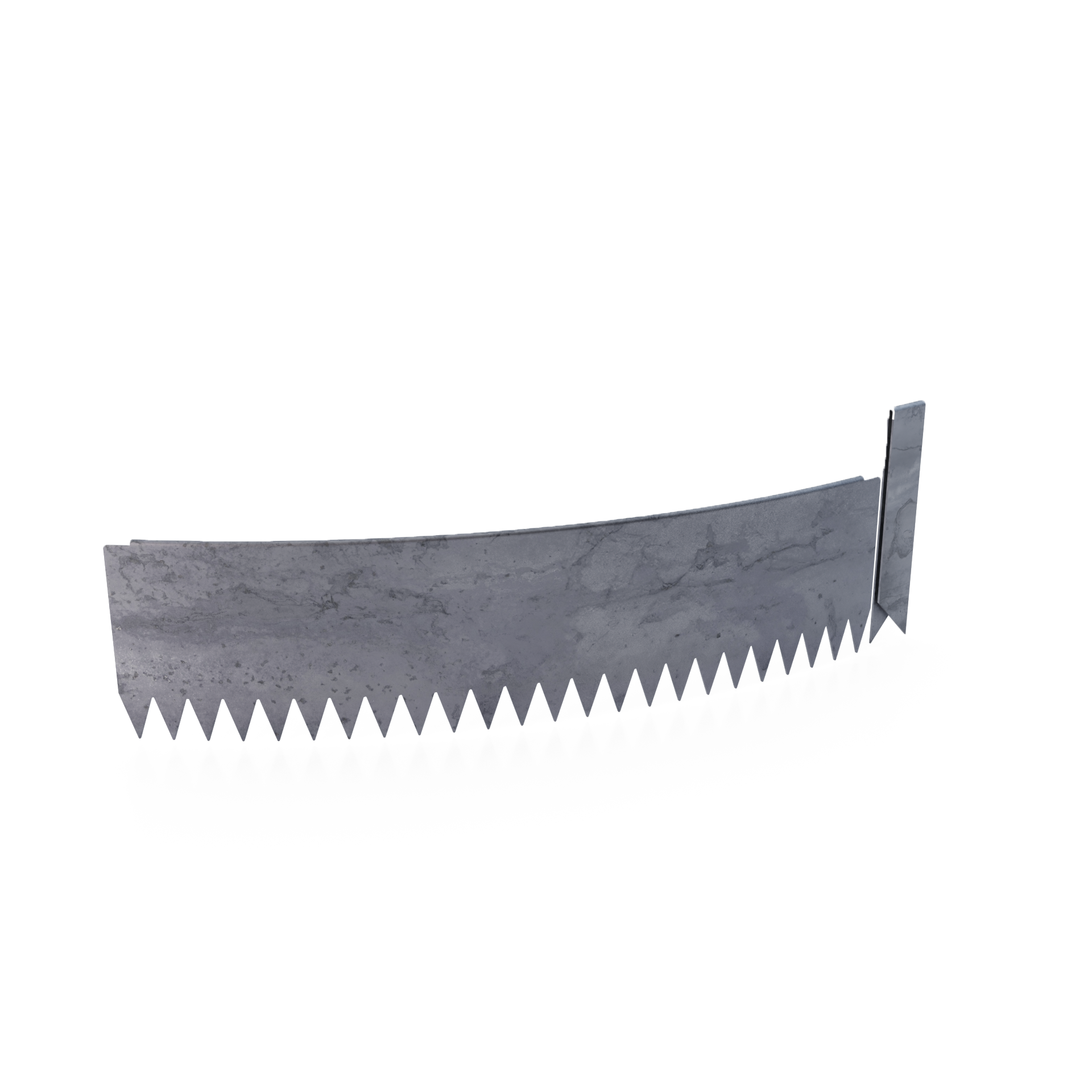Curved 45 degree radial bend rolled-edge COR-TEN steel edging strip with connector clip. 6 inch total height.