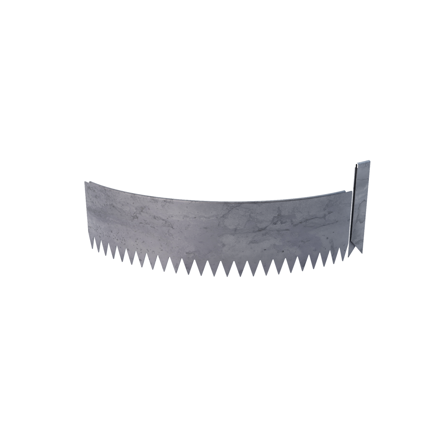Curved 90 degree radial bend rolled-edge COR-TEN steel edging strip with connector clip. 6 inch total height.