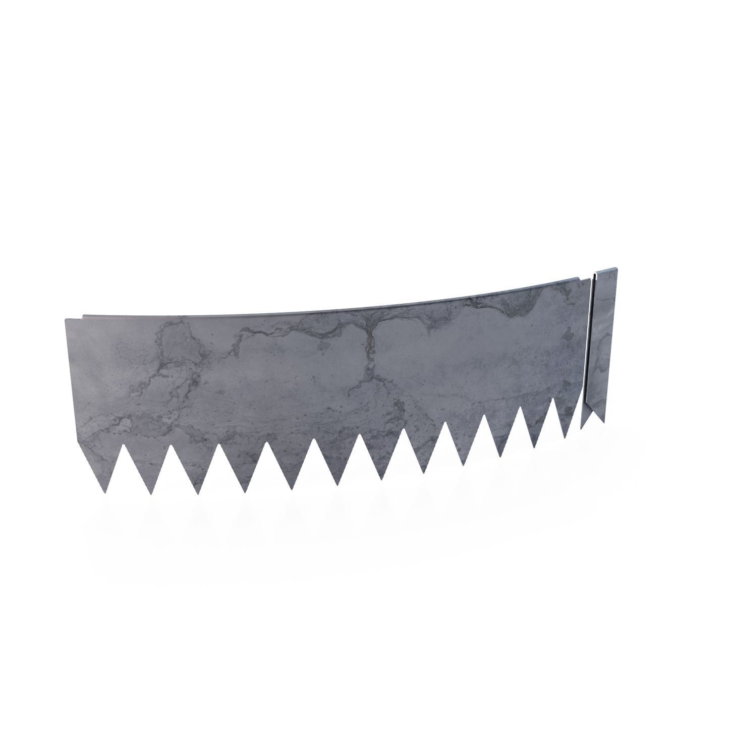 Curved 45 degree radial bend rolled-edge COR-TEN steel edging strip with connector clip. 8 inch total height.
