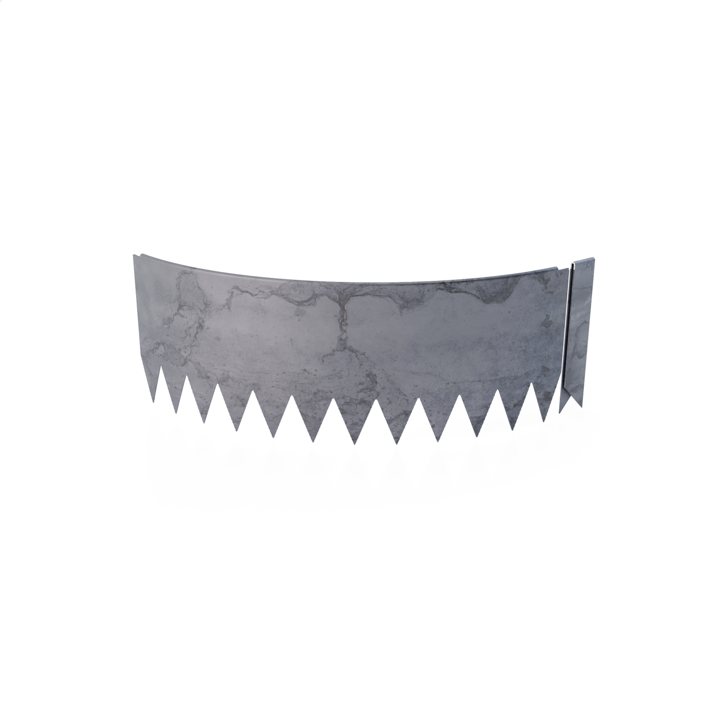 Curved 90 degree radial bend rolled-edge COR-TEN steel edging strip with connector clip. 8 inch total height.