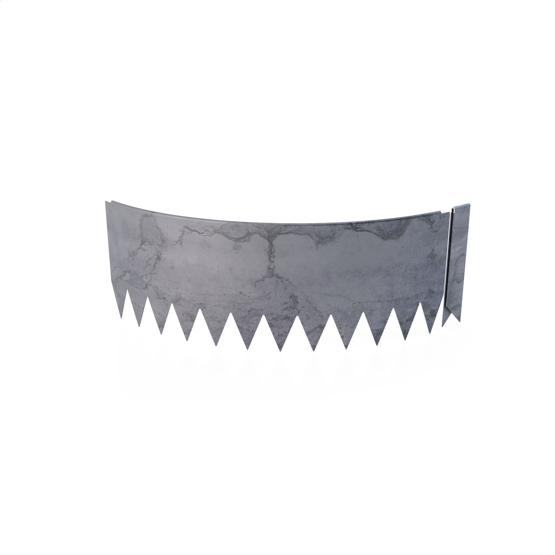 Curved 90 degree radial bend rolled-edge COR-TEN steel edging strip with connector clip. 8 inch total height.