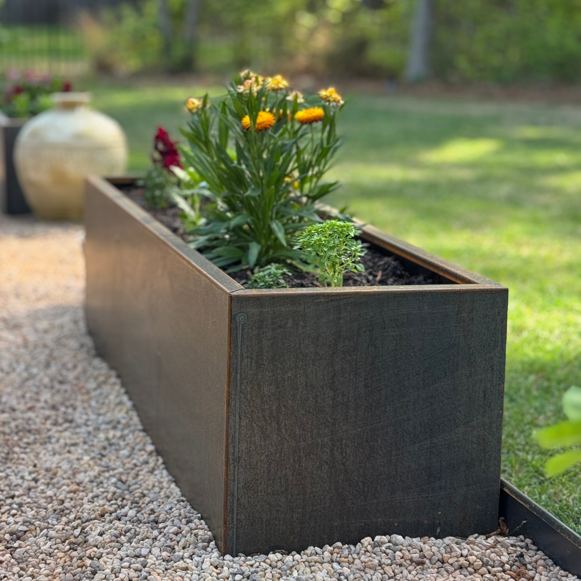 COR-TEN steel planter box filled with yellow daisies on gravel. 48 inches long and 14 inches wide.